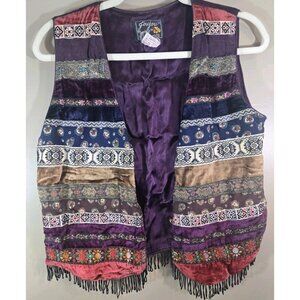 Vintage Jou Jou Colorful Patterned Vest, Tassels, Size M Hippie Boho Patchwork